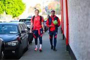 9 May 2025; Shelbourne's Rayhann Tulloch, right, and Harry Wood arrive for the SSE Airtricity Men's Premier Division match between Shelbourne and St Patrick's Athletic at Tolka Park in Dublin. Photo by Stephen McCarthy/Sportsfile