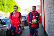 9 May 2025; Shelbourne's Rayhann Tulloch, right, and Harry Wood arrive for the SSE Airtricity Men's Premier Division match between Shelbourne and St Patrick's Athletic at Tolka Park in Dublin. Photo by Stephen McCarthy/Sportsfile