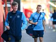 9 May 2025; St Patrick's Athletic's Chris Forrester, left, and Jamie Lennon arrives for the SSE Airtricity Men's Premier Division match between Shelbourne and St Patrick's Athletic at Tolka Park in Dublin. Photo by Stephen McCarthy/Sportsfile