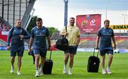 9 May 2025; Peter O'Mahony of Munster arrives with teammates Niall Scannell and Stephen Archer, right, and provincial talent coach Sean Cronin before the United Rugby Championship match between Munster and Ulster at Thomond Park in Limerick. Photo by Brendan Moran/Sportsfile