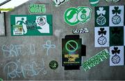 9 May 2025; Stickers are seen in the home stand before the SSE Airtricity Men's Premier Division match between Shamrock Rovers and Drogheda United at Tallaght Stadium in Dublin. Photo by David Fitzgerald/Sportsfile