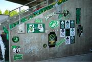 9 May 2025; Stickers are seen in the home stand before the SSE Airtricity Men's Premier Division match between Shamrock Rovers and Drogheda United at Tallaght Stadium in Dublin. Photo by David Fitzgerald/Sportsfile