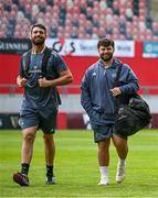 9 May 2025; Jean Kleyn, left, and Michael Milne of Munster arrive before the United Rugby Championship match between Munster and Ulster at Thomond Park in Limerick. Photo by Brendan Moran/Sportsfile
