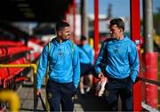 9 May 2025; St Patrick's Athletic's Zach Elbouzedi, left, and Axel Sjoberg arrives for the SSE Airtricity Men's Premier Division match between Shelbourne and St Patrick's Athletic at Tolka Park in Dublin. Photo by Stephen McCarthy/Sportsfile