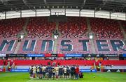 9 May 2025; Munster players huddle before the United Rugby Championship match between Munster and Ulster at Thomond Park in Limerick. Photo by Brendan Moran/Sportsfile