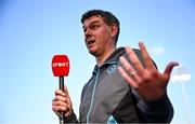 9 May 2025; Drogheda United manager Kevin Doherty speaks to Virgin Media before the SSE Airtricity Men's Premier Division match between Shamrock Rovers and Drogheda United at Tallaght Stadium in Dublin. Photo by David Fitzgerald/Sportsfile