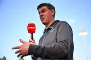 9 May 2025; Drogheda United manager Kevin Doherty speaks to Virgin Media before the SSE Airtricity Men's Premier Division match between Shamrock Rovers and Drogheda United at Tallaght Stadium in Dublin. Photo by David Fitzgerald/Sportsfile