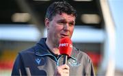 9 May 2025; Drogheda United manager Kevin Doherty speaks to Virgin Media before the SSE Airtricity Men's Premier Division match between Shamrock Rovers and Drogheda United at Tallaght Stadium in Dublin. Photo by David Fitzgerald/Sportsfile