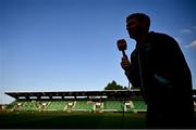 9 May 2025; Drogheda United manager Kevin Doherty speaks to Virgin Media before the SSE Airtricity Men's Premier Division match between Shamrock Rovers and Drogheda United at Tallaght Stadium in Dublin. Photo by David Fitzgerald/Sportsfile
