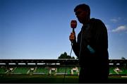9 May 2025; Drogheda United manager Kevin Doherty speaks to Virgin Media before the SSE Airtricity Men's Premier Division match between Shamrock Rovers and Drogheda United at Tallaght Stadium in Dublin. Photo by David Fitzgerald/Sportsfile