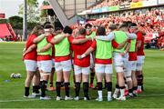9 May 2025; Ulster team huddle before the United Rugby Championship match between Munster and Ulster at Thomond Park in Limerick. Photo by John Dickson/Sportsfile