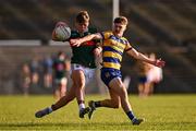 9 May 2025; Fionn O'Cinnseala of Mayo in action against Diarmuid O'Higgins of Roscommon during the Electric Ireland Connacht GAA Football Minor Championship final match between Roscommon and Mayo at Hastings Insurance MacHale Park in Castlebar, Mayo. Photo by Ben McShane/Sportsfile