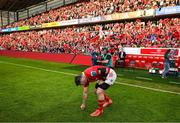 9 May 2025; Peter O'Mahony of Munster touches the grass as he runs onto the pitch before the United Rugby Championship match between Munster and Ulster at Thomond Park in Limerick. Photo by Brendan Moran/Sportsfile