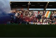 9 May 2025; Drogheda United supporters before the SSE Airtricity Men's Premier Division match between Shamrock Rovers and Drogheda United at Tallaght Stadium in Dublin. Photo by Thomas Flinkow/Sportsfile