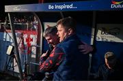 9 May 2025; Shelbourne manager Damien Duff and St Patrick's Athletic manager Stephen Kenny embrace before the SSE Airtricity Men's Premier Division match between Shelbourne and St Patrick's Athletic at Tolka Park in Dublin. Photo by Stephen McCarthy/Sportsfile