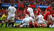 9 May 2025; Michael Milne of Munster scores his side's first try during the United Rugby Championship match between Munster and Ulster at Thomond Park in Limerick. Photo by Brendan Moran/Sportsfile