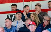 9 May 2025; Former Dublin footballers, from left, Brian Fenton, Barry Cahill and Shelbourne chief executive officer Tomás Quinn during the SSE Airtricity Men's Premier Division match between Shelbourne and St Patrick's Athletic at Tolka Park in Dublin. Photo by Stephen McCarthy/Sportsfile