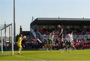 9 May 2025; Liam Boyce of Derry City has a header on goal saved by Cork City goalkeeper Tein Troost during the SSE Airtricity Men's Premier Division match between Cork City and Derry City at Turner's Cross in Cork. Photo by Michael P Ryan/Sportsfile