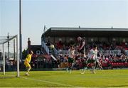9 May 2025; Liam Boyce of Derry City has a header on goal saved by Cork City goalkeeper Tein Troost during the SSE Airtricity Men's Premier Division match between Cork City and Derry City at Turner's Cross in Cork. Photo by Michael P Ryan/Sportsfile