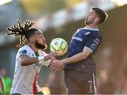 9 May 2025; Milan Mbeng of Cork City in action against Michael Duffy of Derry City during the SSE Airtricity Men's Premier Division match between Cork City and Derry City at Turner's Cross in Cork. Photo by Michael P Ryan/Sportsfile