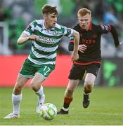 9 May 2025; Matt Healy of Shamrock Rovers in action against Shane Farrell of Drogheda United during the SSE Airtricity Men's Premier Division match between Shamrock Rovers and Drogheda United at Tallaght Stadium in Dublin. Photo by David Fitzgerald/Sportsfile