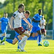 9 May 2025; David Hurley of Galway United in action against Conan Noonan of Waterford during the SSE Airtricity Men's Premier Division match between Waterford and Galway United at the Regional Sports Centre in Waterford. Photo by Matt Browne/Sportsfile