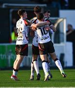 9 May 2025; Sean McHale of Dundalk, hidden celebrates with team-mates after scoring their side's first goal during the SSE Airtricity Men's First Division match between Dundalk and Bray Wanderers at Oriel Park in Dundalk, Louth. Photo by Tyler Miller/Sportsfile