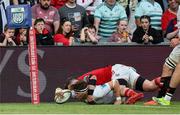 9 May 2025; Jude Postlethwaite of Ulster scores the second try during the United Rugby Championship match between Munster and Ulster at Thomond Park in Limerick. Photo by John Dickson/Sportsfile