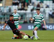 9 May 2025; Cory O'Sullivan of Shamrock Rovers is tackled by Luke Heeney of Drogheda United during the SSE Airtricity Men's Premier Division match between Shamrock Rovers and Drogheda United at Tallaght Stadium in Dublin. Photo by Thomas Flinkow/Sportsfile
