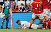 9 May 2025; Stuart McCloskey of Ulster scores a try during the United Rugby Championship match between Munster and Ulster at Thomond Park in Limerick. Photo by John Dickson/Sportsfile
