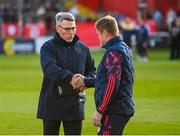 9 May 2025; St Patrick's Athletic goalkeeping coach Pat Jennings and Shelbourne manager Damien Duff shake hands before the SSE Airtricity Men's Premier Division match between Shelbourne and St Patrick's Athletic at Tolka Park in Dublin. Photo by Stephen McCarthy/Sportsfile