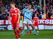 9 May 2025; Mason Melia of St Patrick's Athletic celebrates with team-mate Aidan Keena, behind, after scoring his side's first goal during the SSE Airtricity Men's Premier Division match between Shelbourne and St Patrick's Athletic at Tolka Park in Dublin. Photo by Piaras Ó Mídheach/Sportsfile