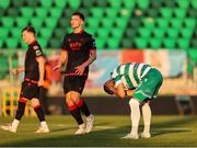 9 May 2025; Graham Burke of Shamrock Rovers reacts after his penalty kick hits the post during the SSE Airtricity Men's Premier Division match between Shamrock Rovers and Drogheda United at Tallaght Stadium in Dublin. Photo by Thomas Flinkow/Sportsfile