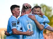 9 May 2025; Mason Melia of St Patrick's Athletic, 9, celebrates with team-mates Joe Redmond, left, and Jamie Lennon after scoring his side's first goal during the SSE Airtricity Men's Premier Division match between Shelbourne and St Patrick's Athletic at Tolka Park in Dublin. Photo by Piaras Ó Mídheach/Sportsfile