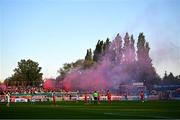 9 May 2025; Flare smoke over the pitch after Mason Melia of St Patrick's Athletic scored his side's first goal during the SSE Airtricity Men's Premier Division match between Shelbourne and St Patrick's Athletic at Tolka Park in Dublin. Photo by Piaras Ó Mídheach/Sportsfile