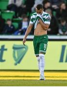 9 May 2025; Graham Burke of Shamrock Rovers reacts after missing a penalty during the SSE Airtricity Men's Premier Division match between Shamrock Rovers and Drogheda United at Tallaght Stadium in Dublin. Photo by David Fitzgerald/Sportsfile