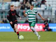 9 May 2025; Graham Burke of Shamrock Rovers in action against Shane Farrell of Drogheda United during the SSE Airtricity Men's Premier Division match between Shamrock Rovers and Drogheda United at Tallaght Stadium in Dublin. Photo by Thomas Flinkow/Sportsfile