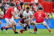 9 May 2025; Robert Baloucoune of Ulster is tackled by Peter O’Mahony of Munster during the United Rugby Championship match between Munster and Ulster at Thomond Park in Limerick. Photo by John Dickson/Sportsfile