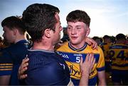 9 May 2025; Seamus Hussey of Roscommon celebrates with supporters after the Electric Ireland Connacht GAA Football Minor Championship final match between Roscommon and Mayo at Hastings Insurance MacHale Park in Castlebar, Mayo. Photo by Ben McShane/Sportsfile