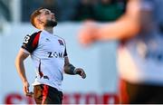 9 May 2025; Leo Gaxha of Dundalk reacts to a missed opportunity on goal during the SSE Airtricity Men's First Division match between Dundalk and Bray Wanderers at Oriel Park in Dundalk, Louth. Photo by Tyler Miller/Sportsfile