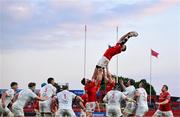 9 May 2025; Peter O'Mahony of Munster stretches to gather the ball in a lineout during the United Rugby Championship match between Munster and Ulster at Thomond Park in Limerick. Photo by Brendan Moran/Sportsfile