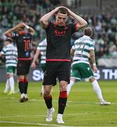 9 May 2025; Warren Davis of Drogheda United reacts after a missed opportunity during the SSE Airtricity Men's Premier Division match between Shamrock Rovers and Drogheda United at Tallaght Stadium in Dublin. Photo by David Fitzgerald/Sportsfile