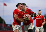 9 May 2025; Peter O'Mahony of Munster celebrates after scoring his side's sixth try during the United Rugby Championship match between Munster and Ulster at Thomond Park in Limerick. Photo by Brendan Moran/Sportsfile