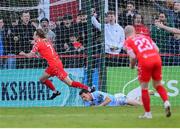9 May 2025; Harry Wood of Shelbourne celebrates after scoring his side's first goal during the SSE Airtricity Men's Premier Division match between Shelbourne and St Patrick's Athletic at Tolka Park in Dublin. Photo by Stephen McCarthy/Sportsfile