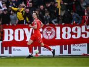 9 May 2025; Harry Wood of Shelbourne celebrates scoring his side's first goal during the SSE Airtricity Men's Premier Division match between Shelbourne and St Patrick's Athletic at Tolka Park in Dublin. Photo by Piaras Ó Mídheach/Sportsfile