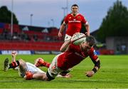 9 May 2025; Peter O'Mahony of Munster scores his side's sixth try during the United Rugby Championship match between Munster and Ulster at Thomond Park in Limerick. Photo by Brendan Moran/Sportsfile