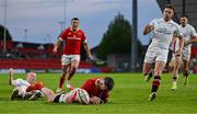 9 May 2025; Peter O'Mahony of Munster scores his side's sixth try during the United Rugby Championship match between Munster and Ulster at Thomond Park in Limerick. Photo by Brendan Moran/Sportsfile