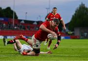 9 May 2025; Peter O'Mahony of Munster scores his side's sixth try during the United Rugby Championship match between Munster and Ulster at Thomond Park in Limerick. Photo by Brendan Moran/Sportsfile