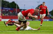 9 May 2025; Peter O'Mahony of Munster scores his side's sixth try during the United Rugby Championship match between Munster and Ulster at Thomond Park in Limerick. Photo by Brendan Moran/Sportsfile