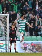 9 May 2025; Aaron Greene of Shamrock Rovers celebrates his side's second goal, scored by Lee Grace, not pictured, during the SSE Airtricity Men's Premier Division match between Shamrock Rovers and Drogheda United at Tallaght Stadium in Dublin. Photo by Thomas Flinkow/Sportsfile